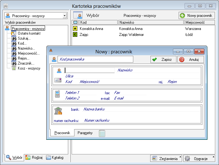4.3.2 Pracownicy Okno kartoteki pracowników otwiera się po wybraniu z menu Kartoteki opcji Pracownicy lub wciśnięciu klawiszy skrótu Ctrl+R.