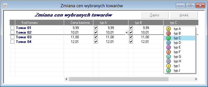 Rys. 27 Okno operacji grupowej Zmiany cen towarów. 4.4.6.5 Wykonaj raport Operacja ta udostępnia ewentualne stworzone przez użytkownika raporty zapisane w kartotece Raporty/Kartoteki/Towary/Operacje.