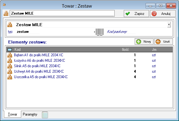 4.5.2 Typ Zestaw Towar typu zestaw jest towarem złożonym, definiowanym poprzez listę tworzących go innych towarów.