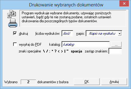 4.6.3.2.1 Drukowanie dokumentów Umożliwia wydrukowanie grupy dokumentów z jednakowymi parametrami wydruku. Rys. 37 Okno operacji Drukowanie dokumentów.