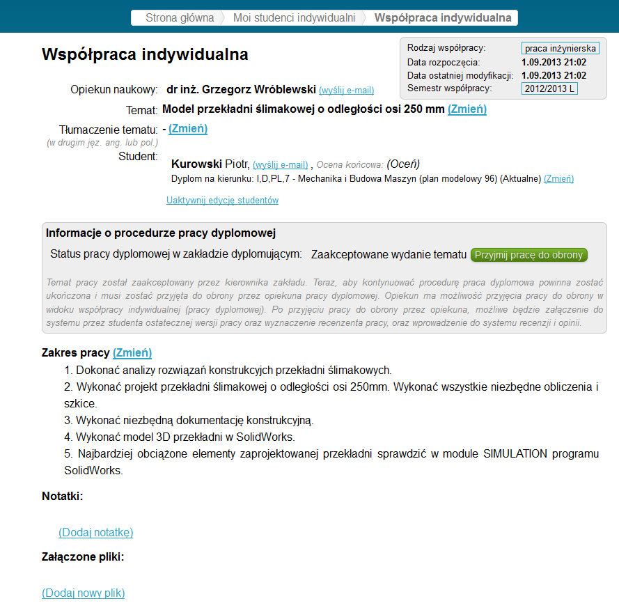 Uwaga: W tym okienku przedstawiony jest aktualny status pracy. Jeżeli chcemy przenieść pracę na semestr następny (np.