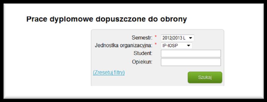 wybieramy poszukiwaną pracę dyplomową i dokonujemy wyboru/zmiany recenzenta (uwaga: przy wyborze recenzenta zarówno z poziomu kierującego pracą, jak i dyrektora