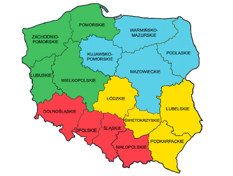 1 Śląskie 2 Łódzkie 3 Małopolskie 4 Podkarpackie 5 Świętokrzyskie 6 Lubelskie 7 Mazowieckie 8 Podlaskie 9 Warmińsko-Mazurskie 10 Kujawsko-Pomorskie 11