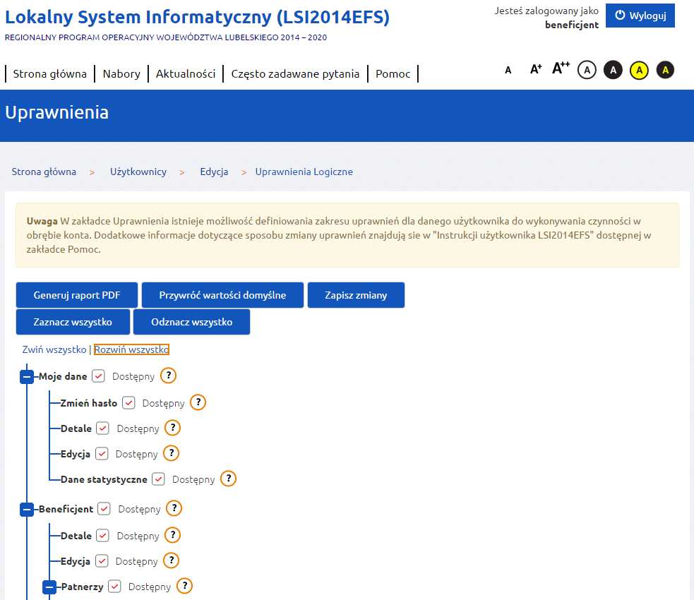 opcję wyboru. Wszystkie operacje zatwierdzane są przyciskiem Zapisz zmiany z górnego menu uprawnień.