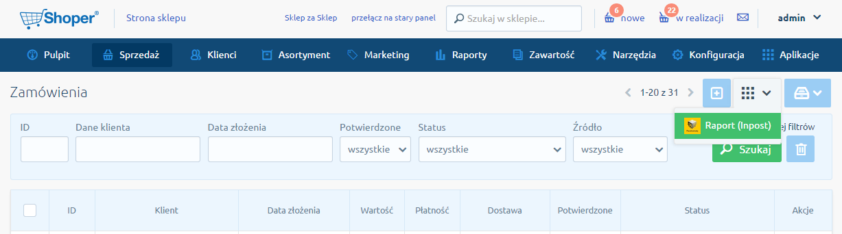 Rys. 157 Drukowanie etykiet Krok 3 Aby wydrukować raport zbiorczy oraz zamówić kuriera przejchodzimy do zakładki Sprzedaż->