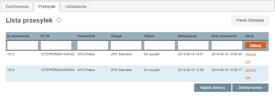 jest możliwy po zalogowaniu się do panelu Shoplo i wejściu do aplikacji Sheepla do zakładki Przesyłki.