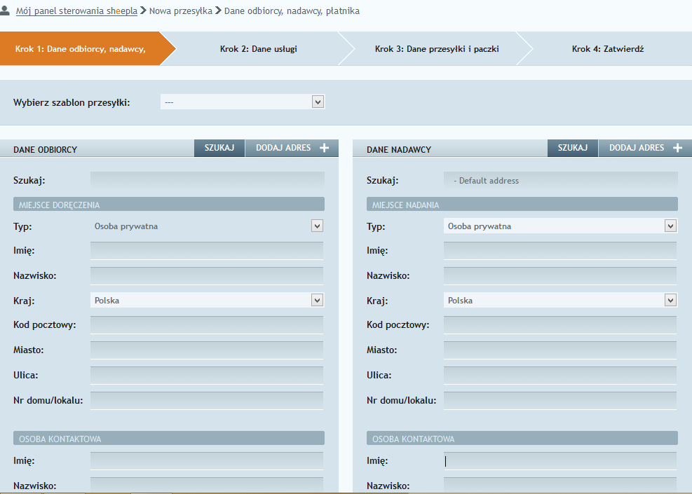 7. Przygotowywanie przesyłek 7.1 Nowa przesyłka Krok 1 Aby utworzyć nową przesyłkę, należy wejść do zakładki Przesyłki Nowa przesyłka.