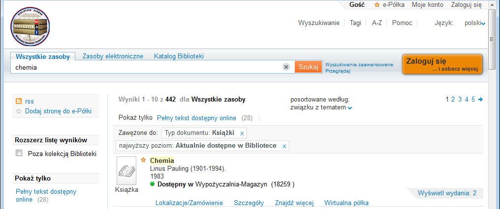 Krok 2 ZAWĘŻENIE WYNIKÓW WYSZUKIWANIA Po lewej stronie istnieje możliwość zawężania wyników według odpowiednich kategorii: typ dokumentu, temat, autor, data publikacji, kolekcja, język.