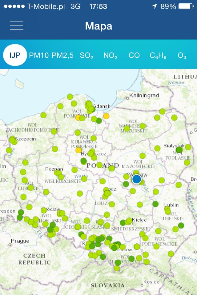 Funkcjonalność aplikacji Mapa informująca o wynikach pomiarów automatycznych ze stacji monitoringu jakości powietrza w Polsce.