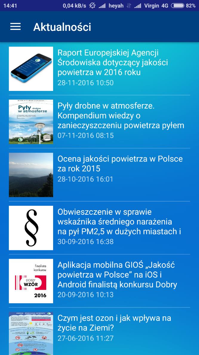 Funkcjonalność aplikacji Lista ostrzeżeń z Wojewódzkich Inspektoratów Ochrony Środowiska o przekroczeniach poziomów