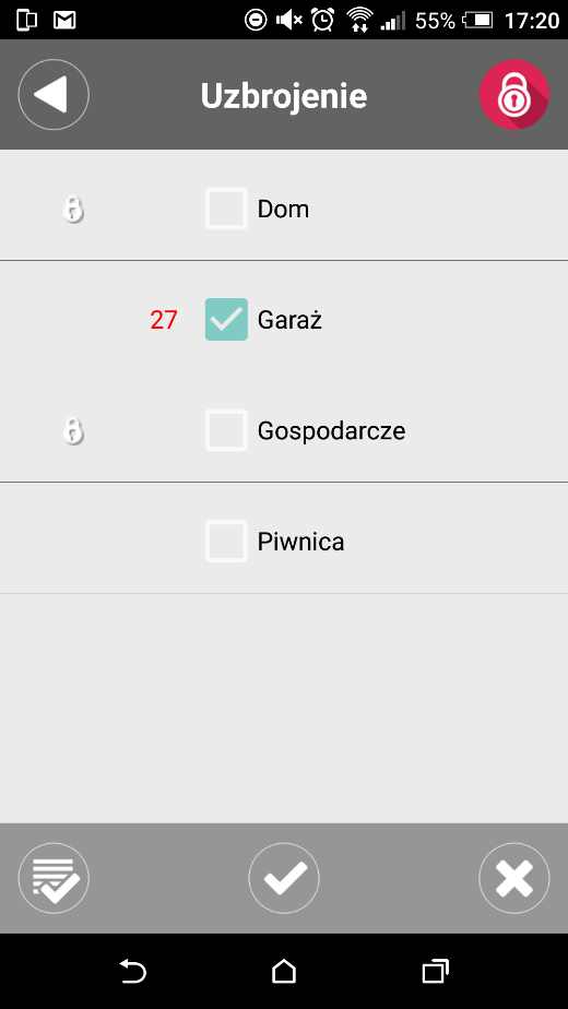 Załączenie czuwania / Uzbrojenie Aktualny czas na wyjście czas jaki pozostał do uzbrojenia alarmu Wybór strefy do uzbrojenia Kłódka przy danej strefie oznacza że czuwanie jest już aktywne