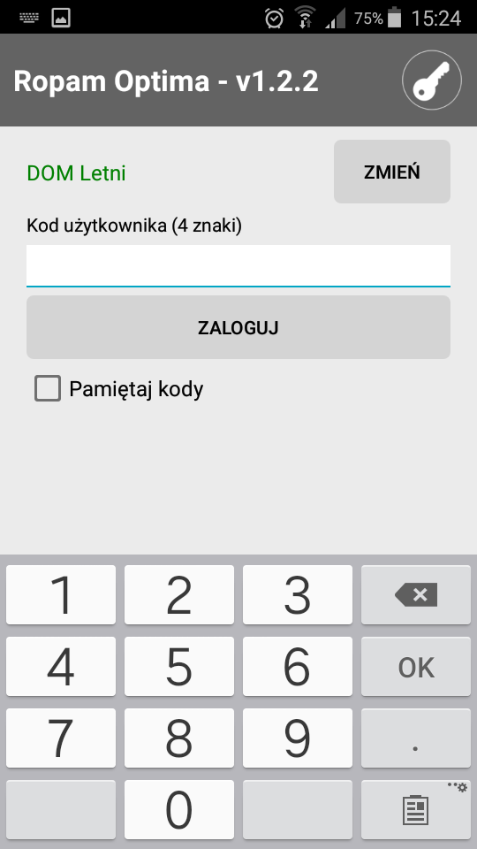 Gdy na liście obiektów klikniemy krótko na pojedynczym obiekcie, to wykonujemy operację wyboru obiektu i przechodzimy wtedy na ekran logowania, gdzie pojawia się już informacja o wybranym obiekcie.