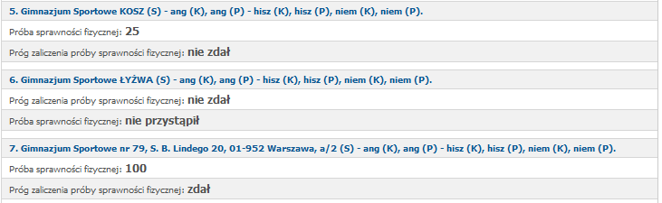 Przykład nr 2 Franek Niebieski nie przystąpił do próby sprawności fizycznej do oddziału z dyscypliną sportową łyżwiarstwo figurowe (łyżwa) oraz nie zdał sprawdzianu do oddziału z dyscypliną