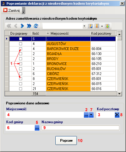 Poprawianie danych Aby wykonać grupowe poprawianie kodów terytorialnych miejsca zameldowania, należy uruchomić moduł Administrator i z menu Narzędzia wybrać pozycję Poprawianie kodów terytorialnych