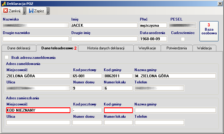 z deklaracjami, które wymagają manualnego poprawienia danych. Po wybraniu wiersza w tabeli, należy nacisnąć przycisk Edycja 4. Otworzy się formatka deklaracji POZ pokazana na następnej stronie.