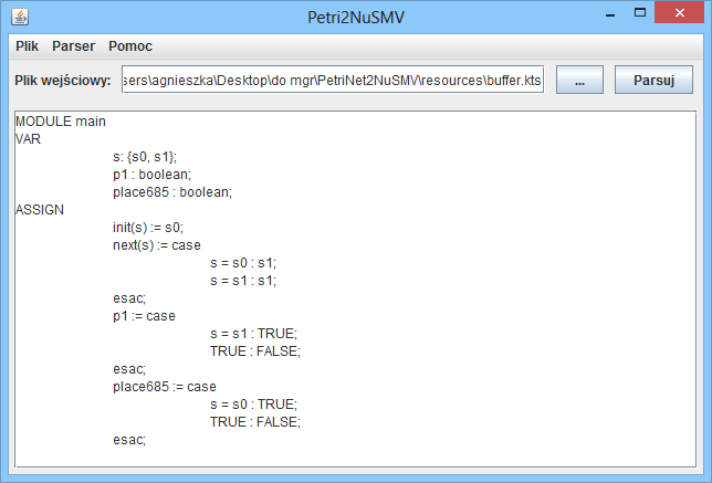 5.2. Interfejs graficzny 56 3. Generuj sekcję ASSIGN: 3.1. Dodaj do pliku linię ASSIGN. 3.2. Dodaj do pliku linię ustawiającą stan początkowy systemu. 3.3. Dodaj linię zawierającą instrukcję next(s), pozwalającą określić następną wartość zmiennej s.