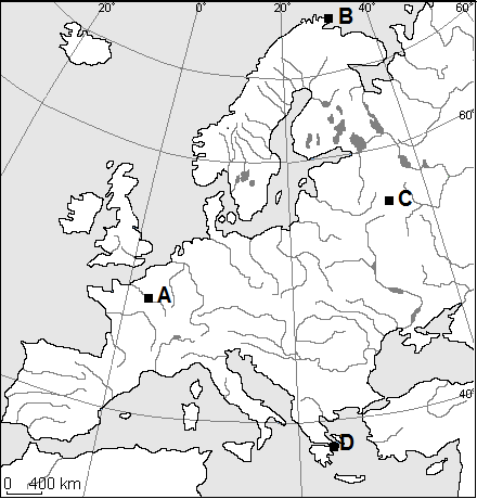 Zadanie 6. (0-2p.) Stacjom meteorologicznym zamieszczonym na mapie konturowej Europy przyporządkuj numery klimatogramów. A - B - C - D - Zadanie 7. (0-1p.