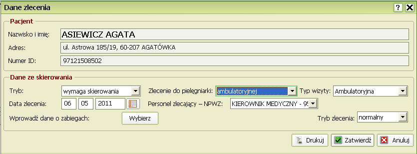 W dalszej kolejności pojawi się okno wyboru typu zlecenia. Po dokonaniu wyboru Zlecenia dla panelu pielęgniarki należy postępować zgodnie z dalej opisanymi czynnościami, dla panelu Dane zlecenia.