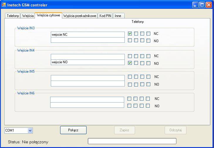 5.3 Wejścia cyfrowe. Na pierwszy numer telefonu zostanie wysłana wiadomość o treści wejście NC po rozwarciu wejścia IN3 od masy.
