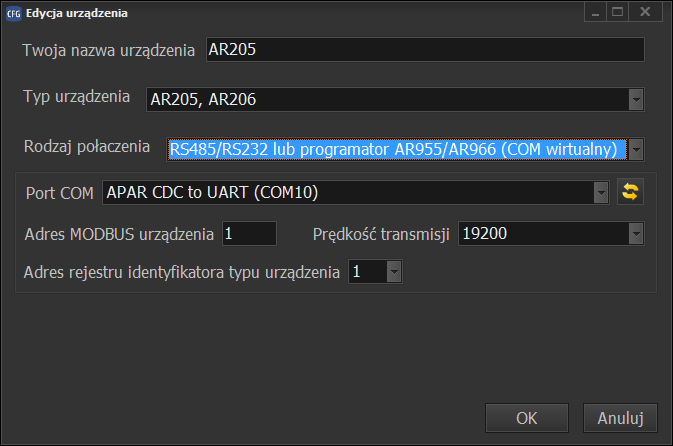 domyślną wartość sugerowaną przez program ARsoft, dla starszych kilkuletnich urządzeń należy w przypadku braku komunikacji z urządzeniem zmienić wartość adresu z 1 na 200 (adres można sprawdzić w