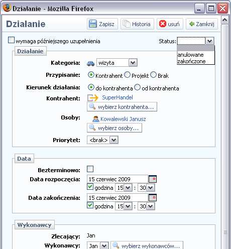 status Szczegóły zadania przypisanie do kontrahenta data wykonawcy Cele zadania, opis Umożliwiają