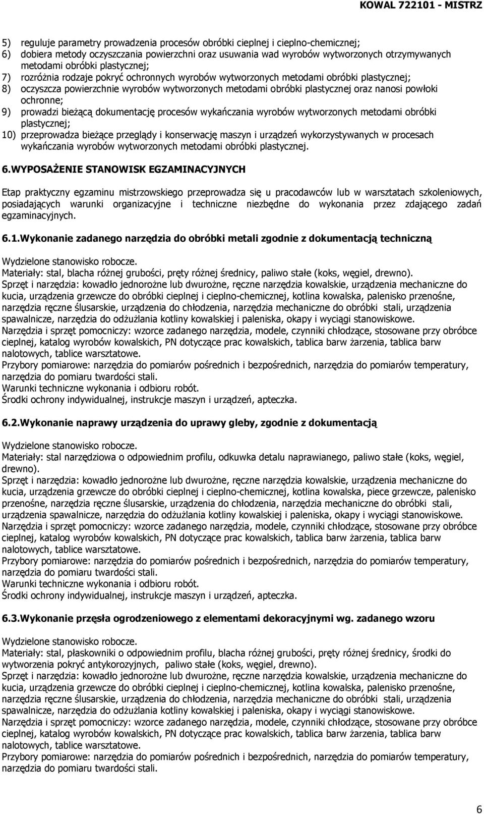 ochronne; 9) prowadzi bieżącą dokumentację procesów wykańczania wyrobów wytworzonych metodami obróbki plastycznej; 10) przeprowadza bieżące przeglądy i konserwację maszyn i urządzeń wykorzystywanych