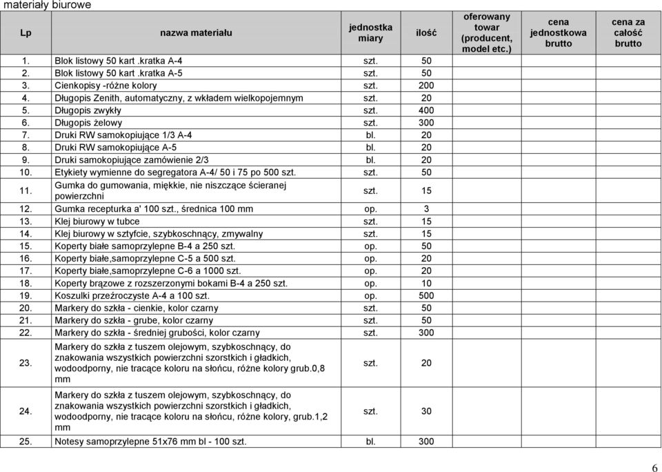 Druki samokopiujące zamówienie 2/3 bl. 20 10. Etykiety wymienne do segregatora A-4/ 50 i 75 po 500 szt. szt. 50 11. Gumka do gumowania, miękkie, nie niszczące ścieranej powierzchni szt. 15 12.