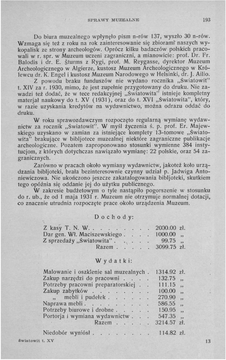K. Engel i kustosz Muzeum Narodowego w Helsinki, dr. J. Ailio. Z powodu braku funduszów nie wydano rocznika Światowit" t. XIV za r. 1930, mimo, że jest zupełnie przygotowany do druku.
