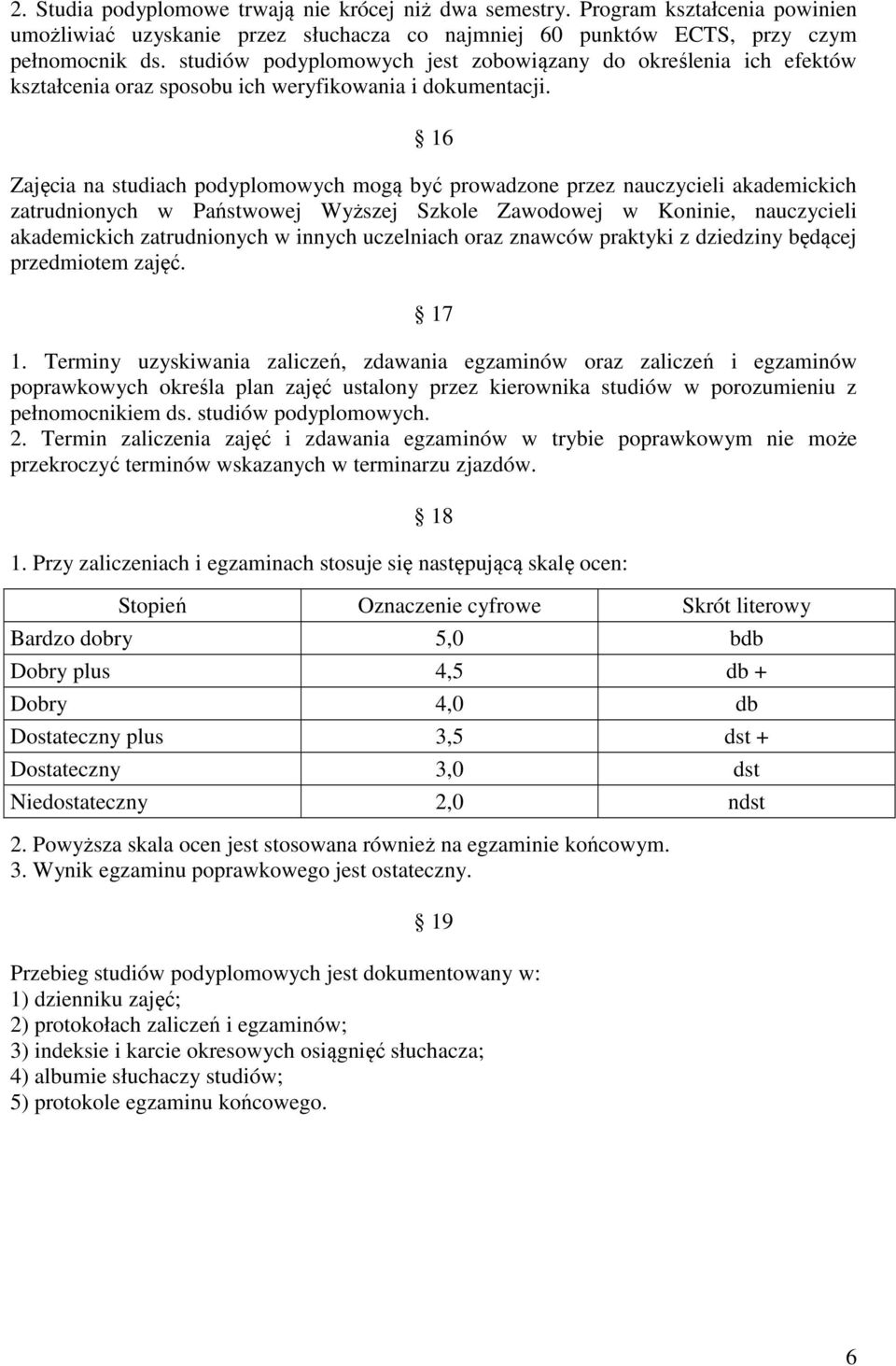 16 Zajęcia na studiach podyplomowych mogą być prowadzone przez nauczycieli akademickich zatrudnionych w Państwowej Wyższej Szkole Zawodowej w Koninie, nauczycieli akademickich zatrudnionych w innych