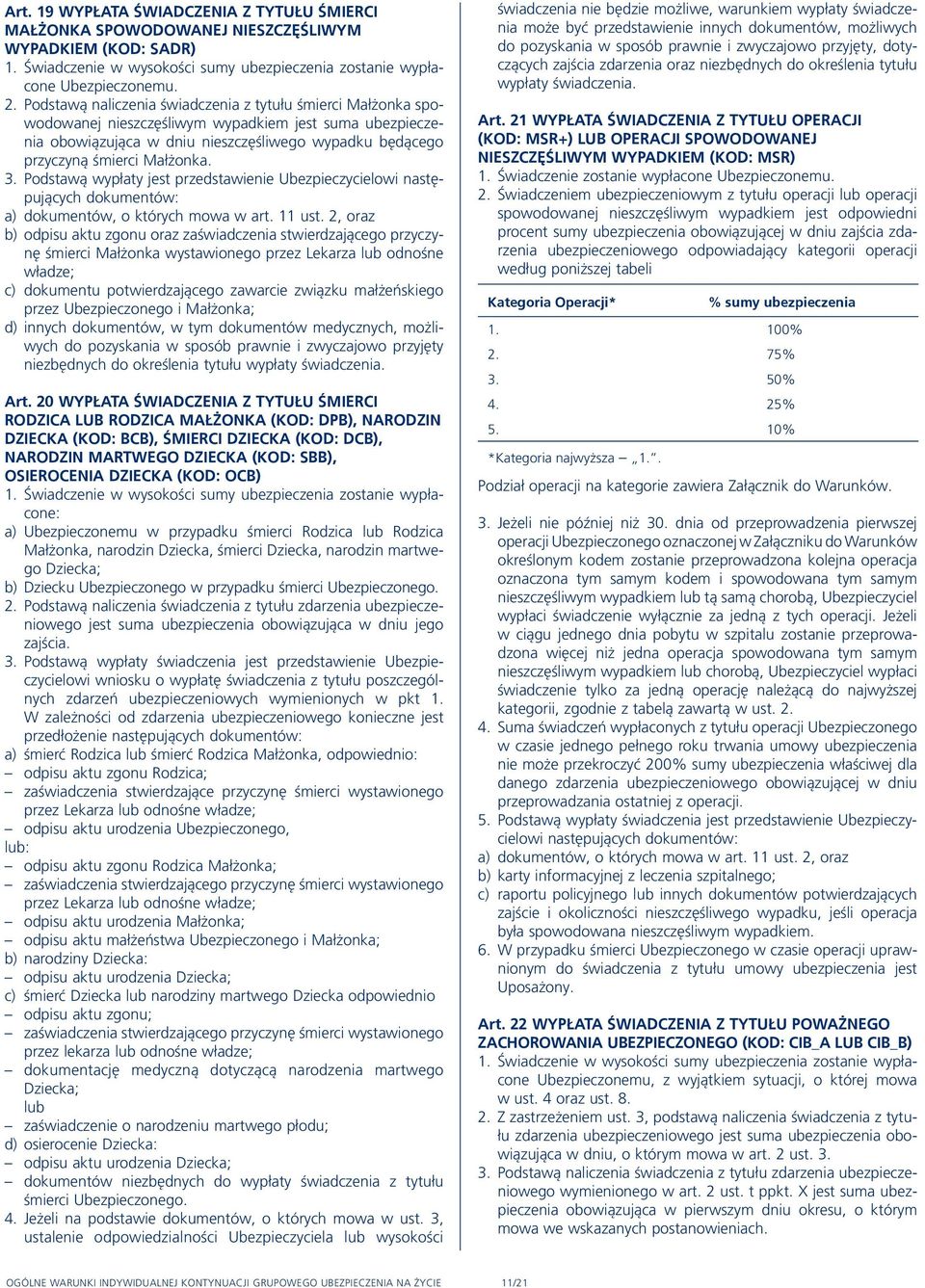 3. Podstawą wypłaty jest przedstawienie Ubezpieczycielowi następujących dokumentów: a) dokumentów, o których mowa w art. 11 ust.
