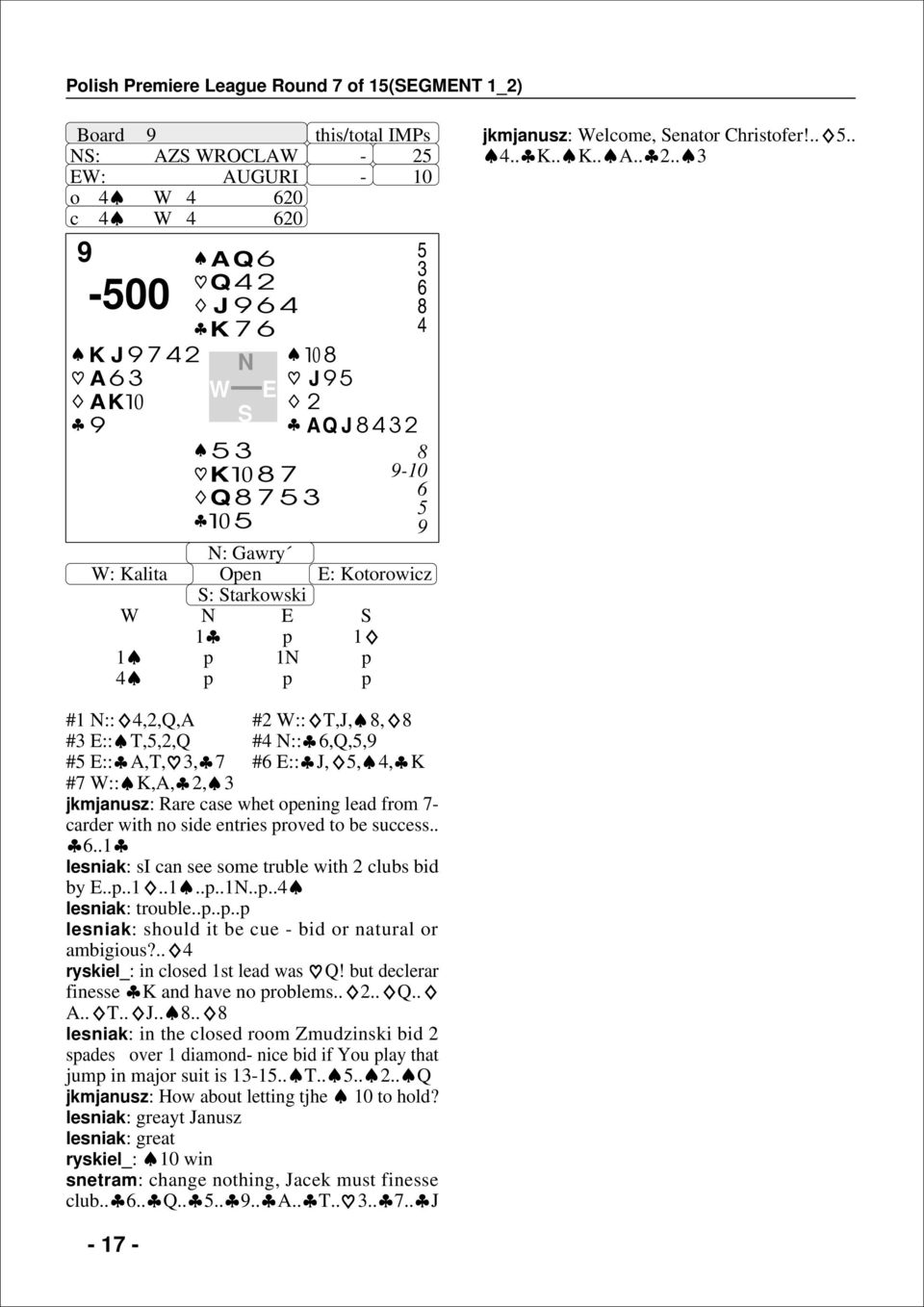 ... #1 ::,,Q,A # :: T,J,, # :: T,,,Q # ::,Q,, # :: A,T,, # :: J,,, K # :: K,A,, jkmjanusz: Rare case whet oening lead from - carder with no side entries roved to be success.