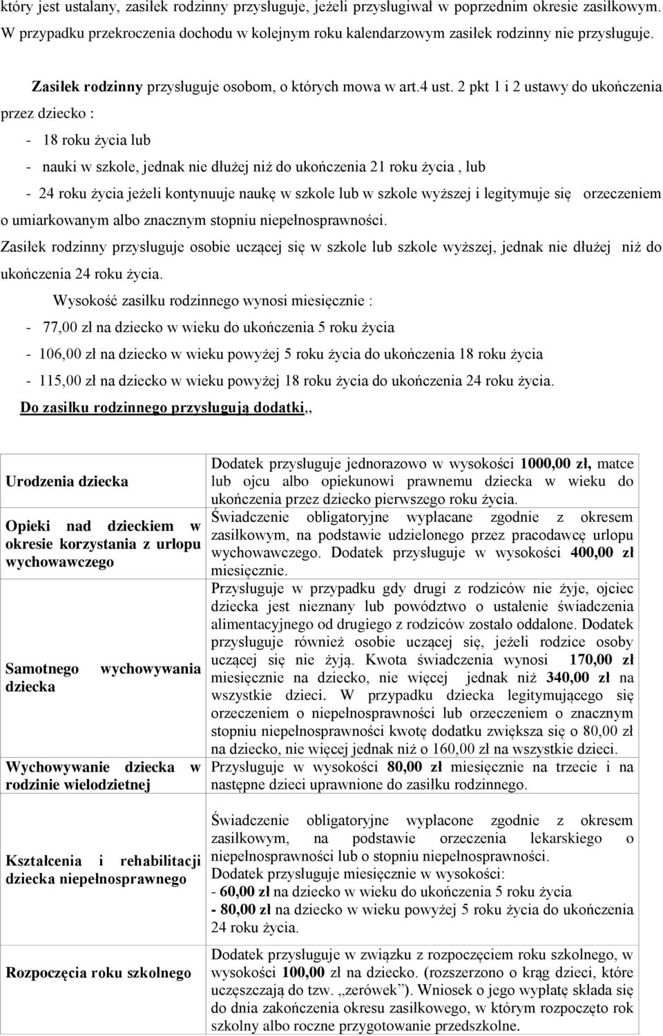 2 pkt 1 i 2 ustawy do ukończenia przez dziecko : - 18 roku życia lub - nauki w szkole, jednak nie dłużej niż do ukończenia 21 roku życia, lub - 24 roku życia jeżeli kontynuuje naukę w szkole lub w