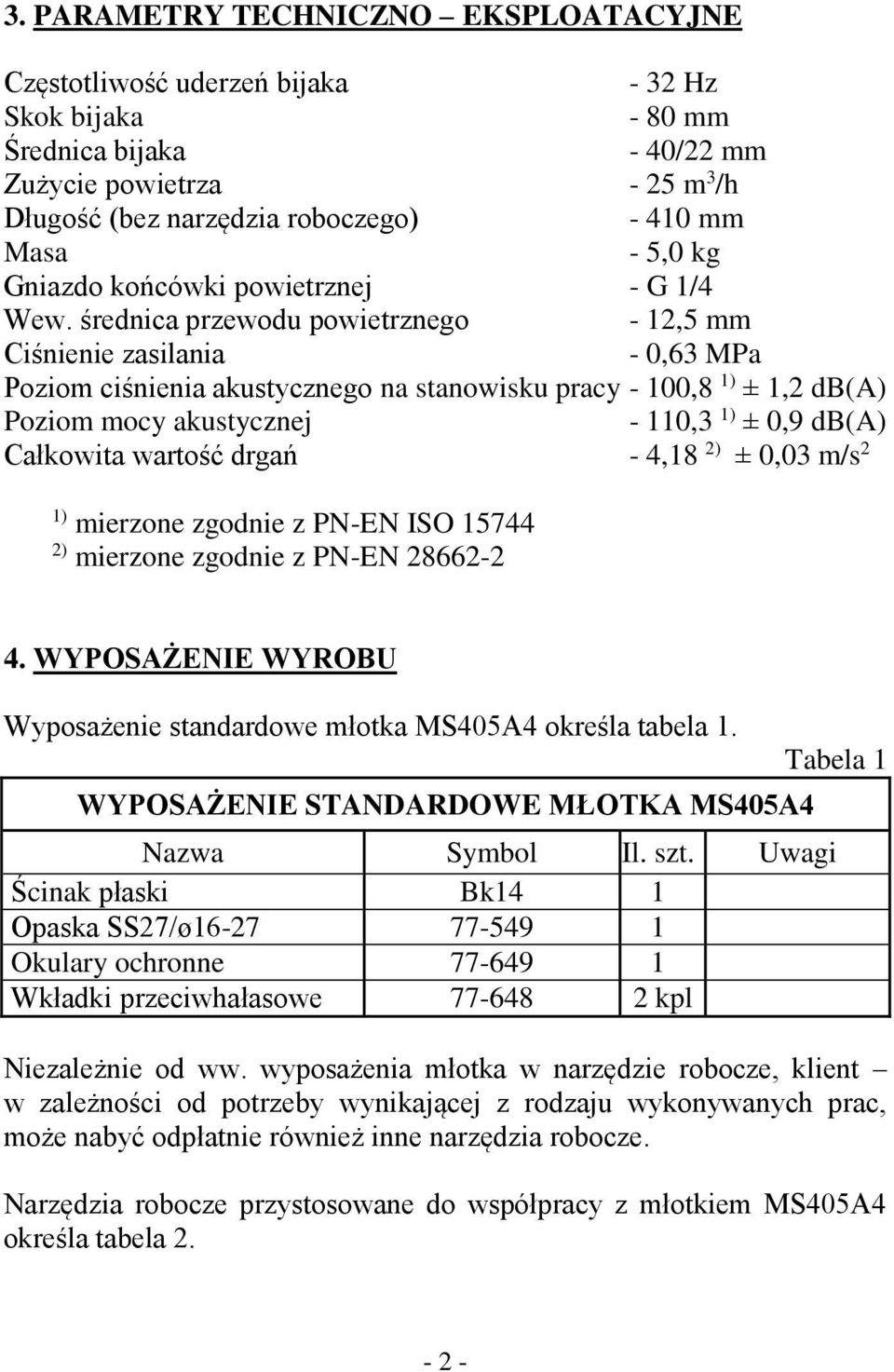 średnica przewodu powietrznego - 12,5 mm Ciśnienie zasilania - 0,63 MPa Poziom ciśnienia akustycznego na stanowisku pracy - 100,8 1) ± 1,2 db(a) Poziom mocy akustycznej - 110,3 1) ± 0,9 db(a)