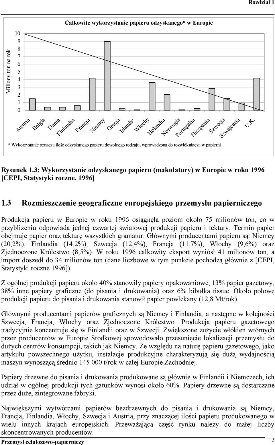 3: Wykorzystanie odzyskanego papieru (makulatury) w Europie w roku 1996 [CEPI, Statystyki roczne, 1996] 1.