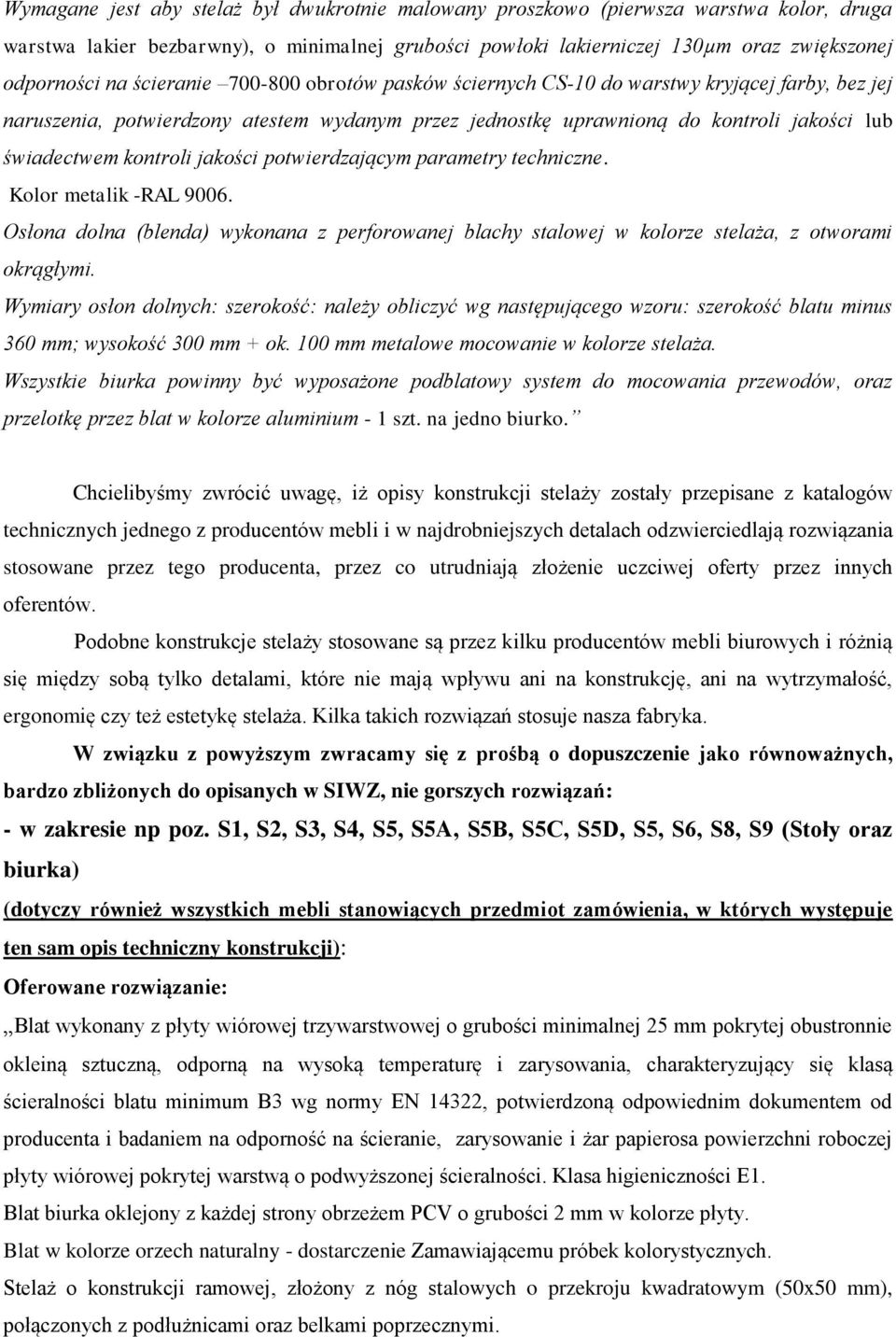 jakości potwierdzającym parametry techniczne. Kolor metalik -RAL 9006. Osłona dolna (blenda) wykonana z perforowanej blachy stalowej w kolorze stelaża, z otworami okrągłymi.