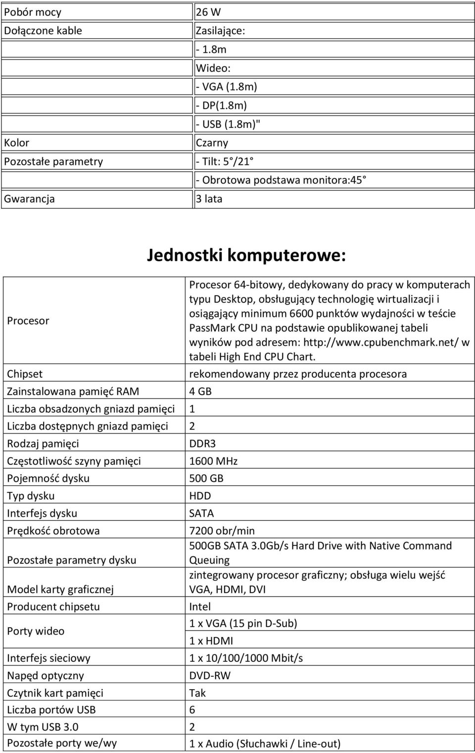 gniazd pamięci 2 Rodzaj pamięci Częstotliwość szyny pamięci Pojemność dysku Typ dysku Interfejs dysku Prędkość obrotowa Pozostałe parametry dysku Model karty graficznej Producent chipsetu Porty wideo