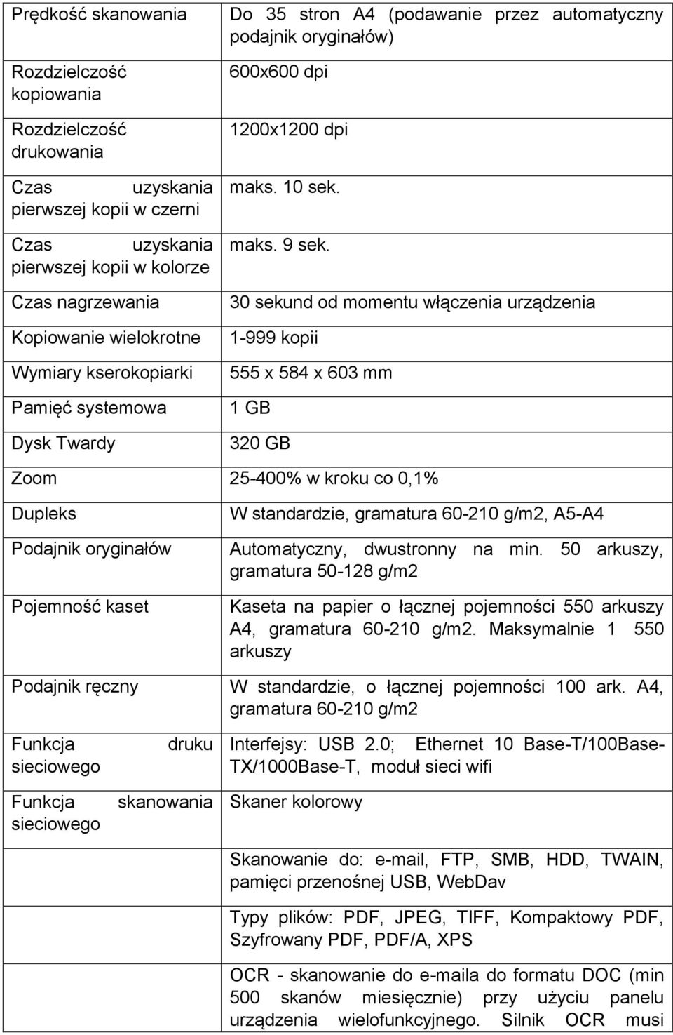 30 sekund od momentu włączenia urządzenia 1-999 kopii 555 x 584 x 603 mm 1 GB 320 GB Zoom 25-400% w kroku co 0,1% Dupleks Podajnik oryginałów Pojemność kaset W standardzie, gramatura 60-210 g/m2,