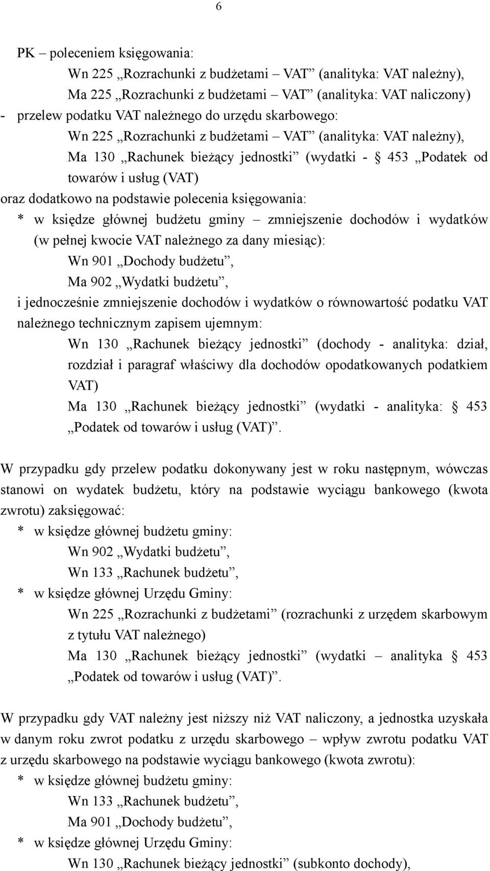 księgowania: * w księdze głównej budżetu gminy zmniejszenie dochodów i wydatków (w pełnej kwocie VAT należnego za dany miesiąc): Wn 901 Dochody budżetu, Ma 902 Wydatki budżetu, i jednocześnie