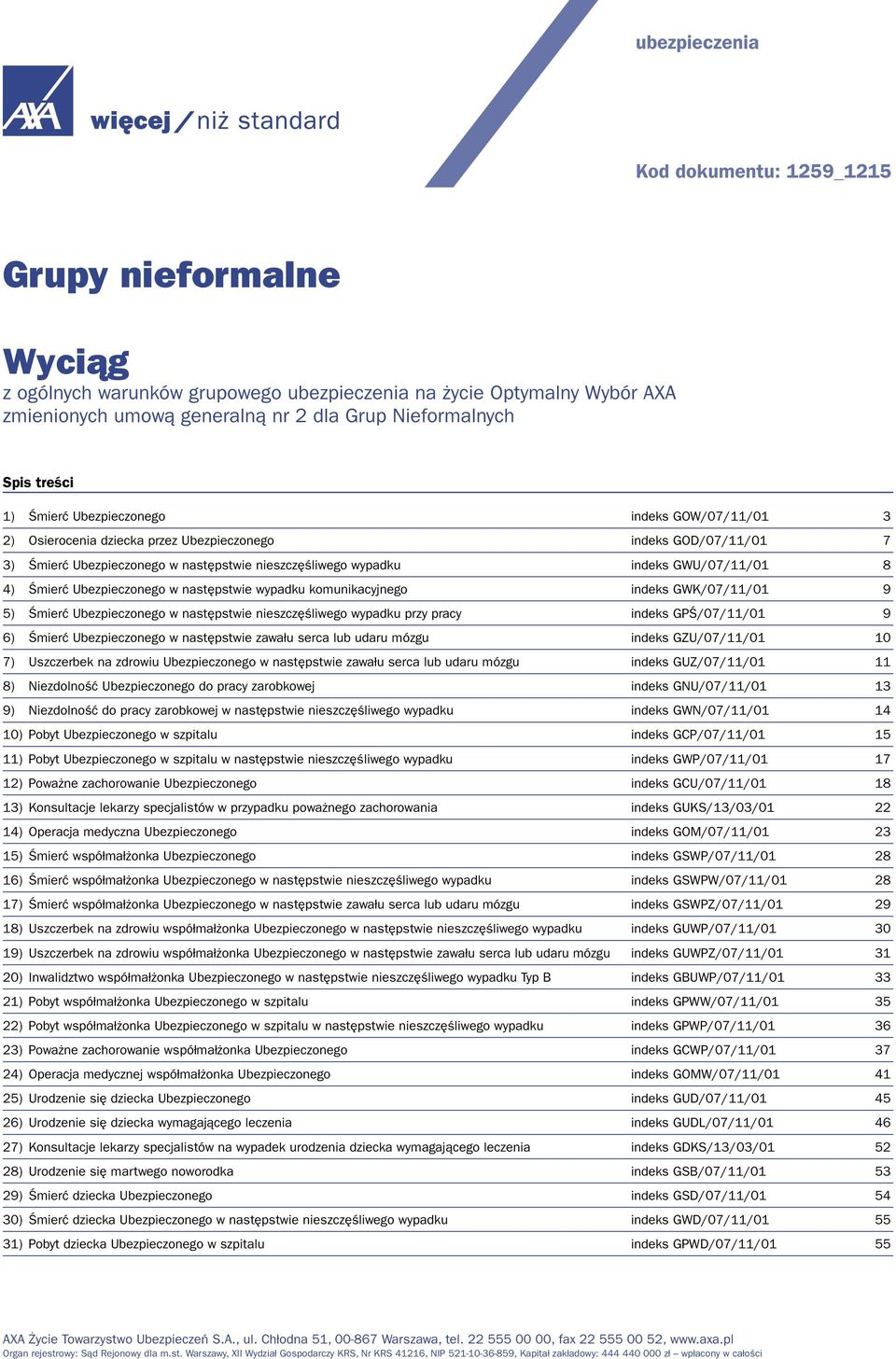 GWU/07/11/01 8 4) Śmierć Ubezpieczonego w następstwie wypadku komunikacyjnego indeks GWK/07/11/01 9 5) Śmierć Ubezpieczonego w następstwie nieszczęśliwego wypadku przy pracy indeks GPŚ/07/11/01 9 6)