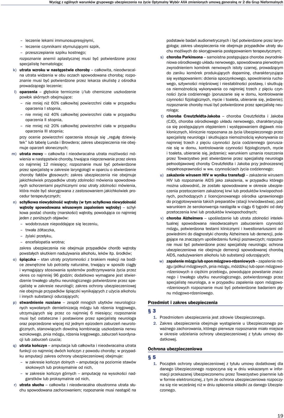 nieodwracalna utrata widzenia w obu oczach spowodowana chorobą; rozpoznanie musi być potwierdzone przez lekarza okulistę z ośrodka prowadzącego leczenie; l) oparzenia głębokie termicznie i/lub