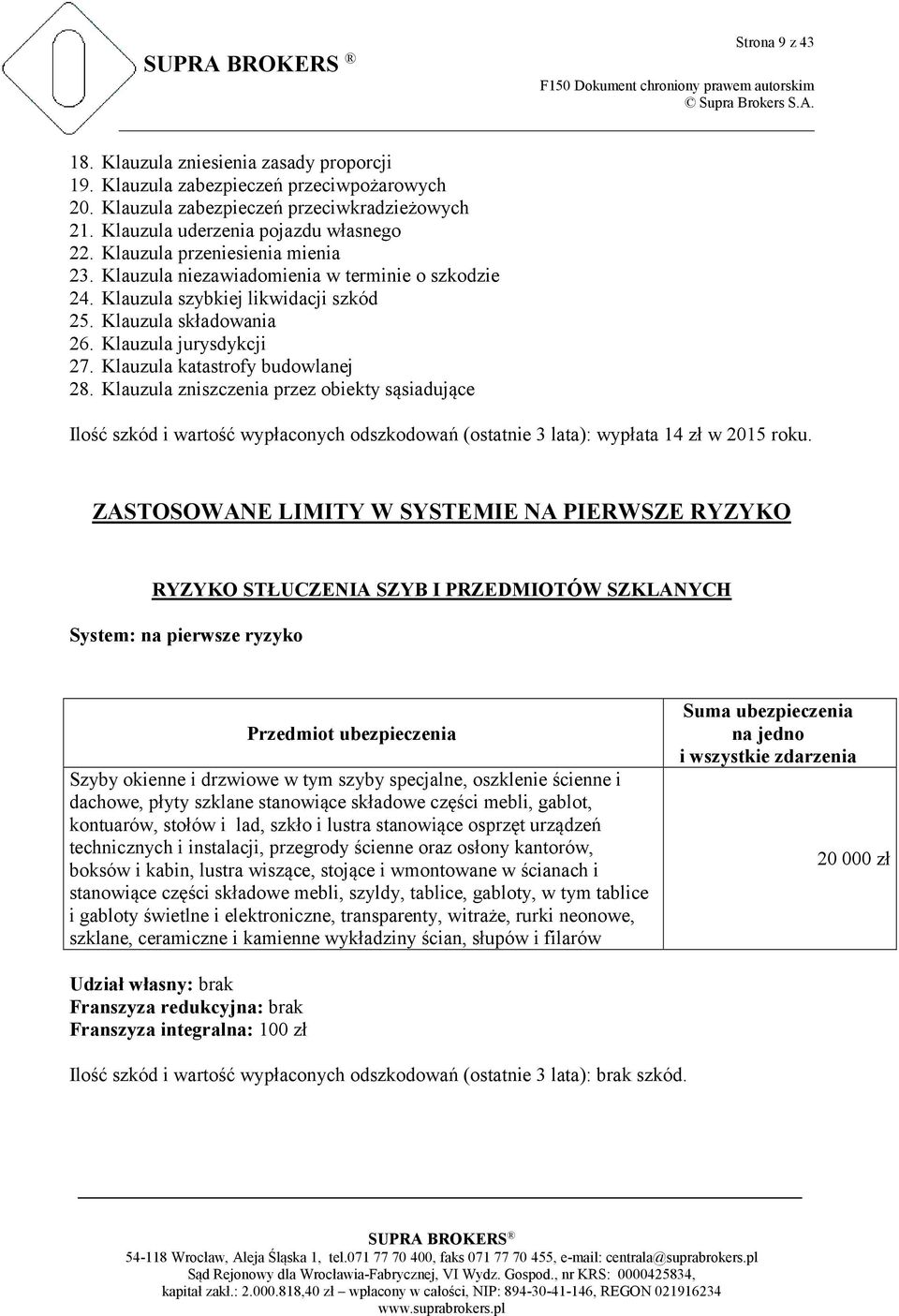 Klauzula katastrofy budowlanej 28. Klauzula zniszczenia przez obiekty sąsiadujące Ilość szkód i wartość wypłaconych odszkodowań (ostatnie 3 lata): wypłata 14 zł w 2015 roku.
