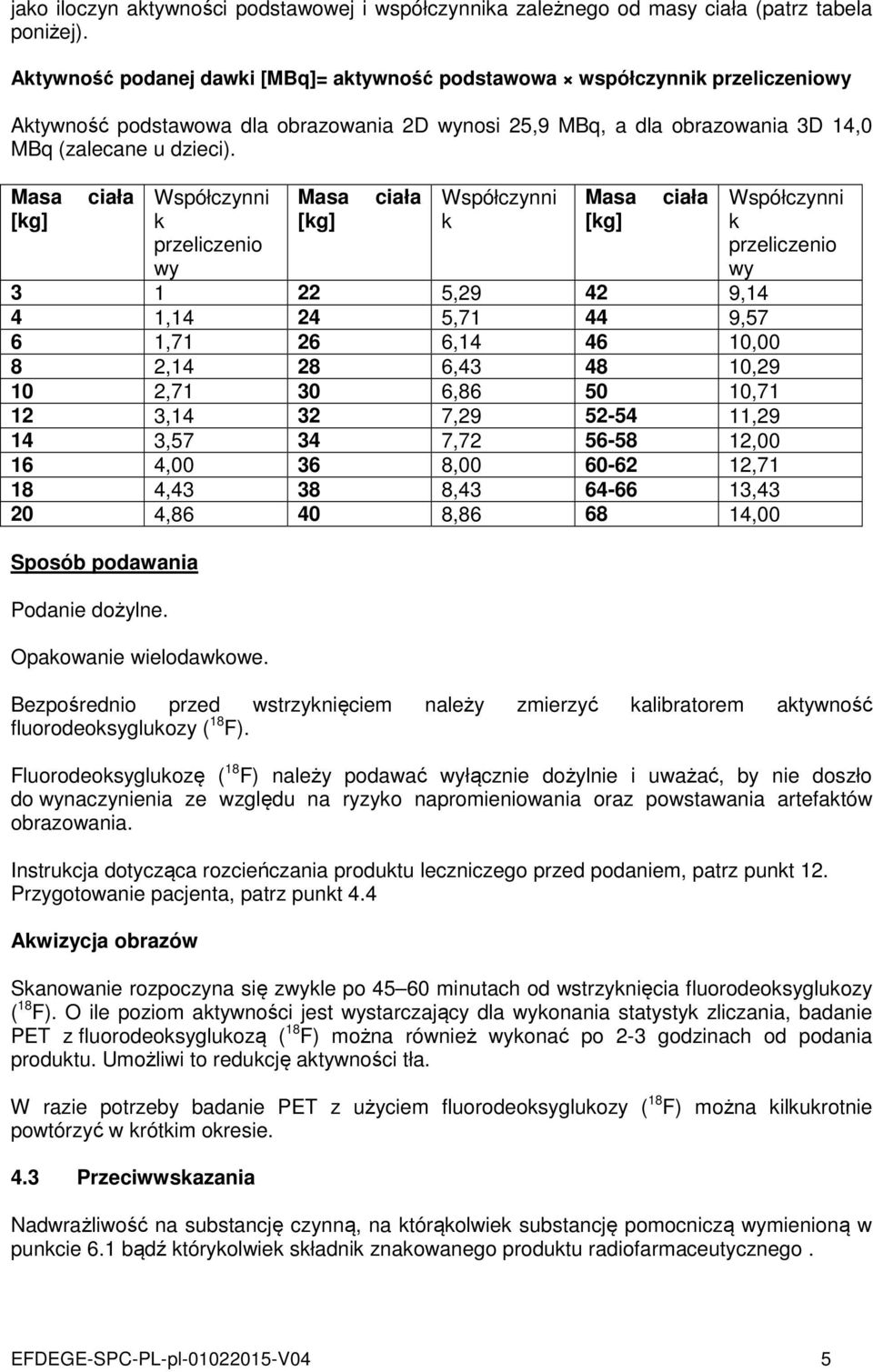 Masa [kg] ciała Współczynni k przeliczenio wy Masa [kg] ciała Współczynni k Masa [kg] ciała 3 1 22 5,29 42 9,14 4 1,14 24 5,71 44 9,57 6 1,71 26 6,14 46 10,00 8 2,14 28 6,43 48 10,29 10 2,71 30 6,86