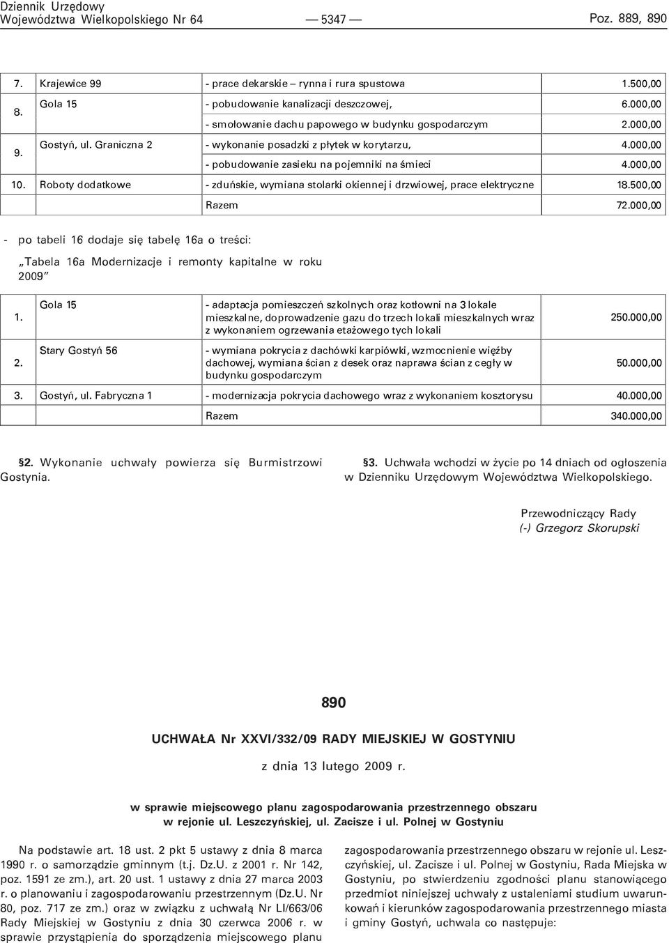 Przewodnicz¹cy Rady (-) Grzegorz Skorupski 890 UCHWA A Nr XXVI/332/09 RADY MIEJSKIEJ W GOSTYNIU z dnia 13 lutego 2009 r.