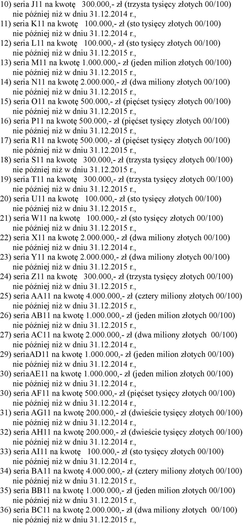 000,- zł (pięćset tysięcy złotych 00/100) 16) seria P11 na kwotę 500.000,- zł (pięćset tysięcy złotych 00/100) 17) seria R11 na kwotę 500.