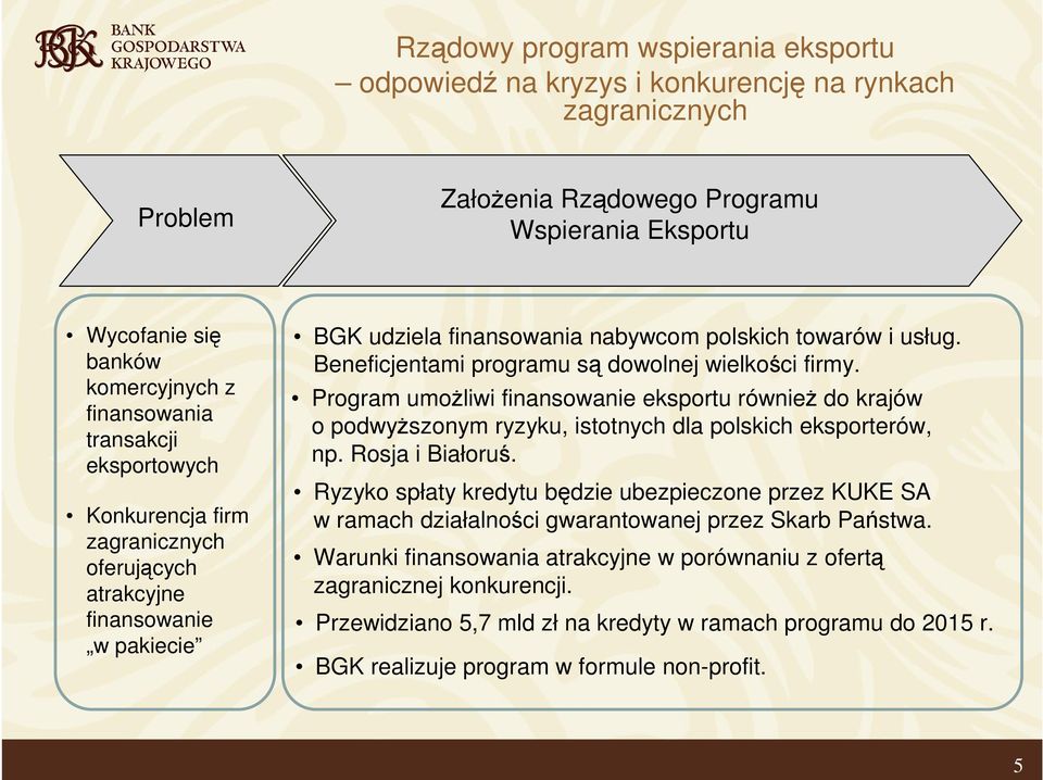 Beneficjentami programu są dowolnej wielkości firmy. Program umoŝliwi finansowanie eksportu równieŝ do krajów o podwyŝszonym ryzyku, istotnych dla polskich eksporterów, np. Rosja i Białoruś.