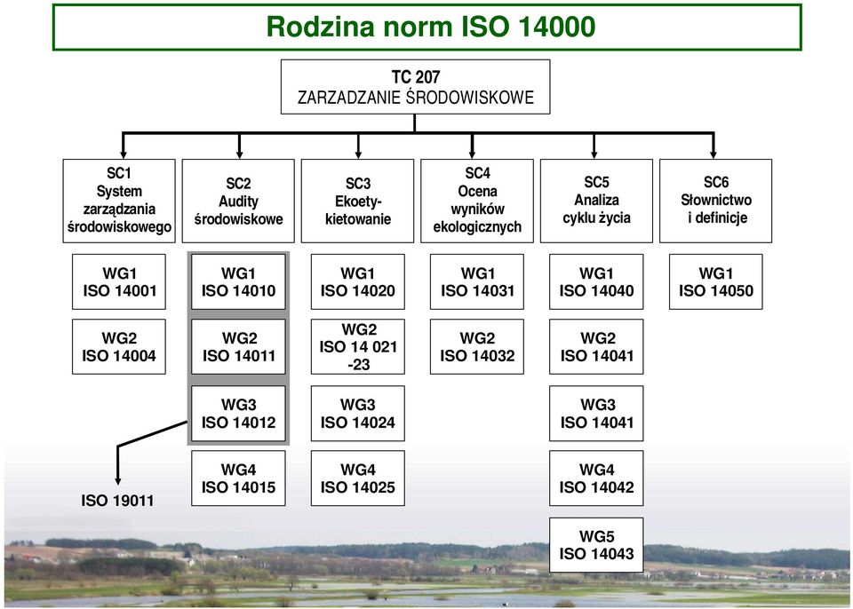 14010 WG1 ISO 14020 WG1 ISO 14031 WG1 ISO 14040 WG1 ISO 14050 WG2 ISO 14004 WG2 ISO 14011 WG2 ISO 14 021-23 WG2 ISO 14032