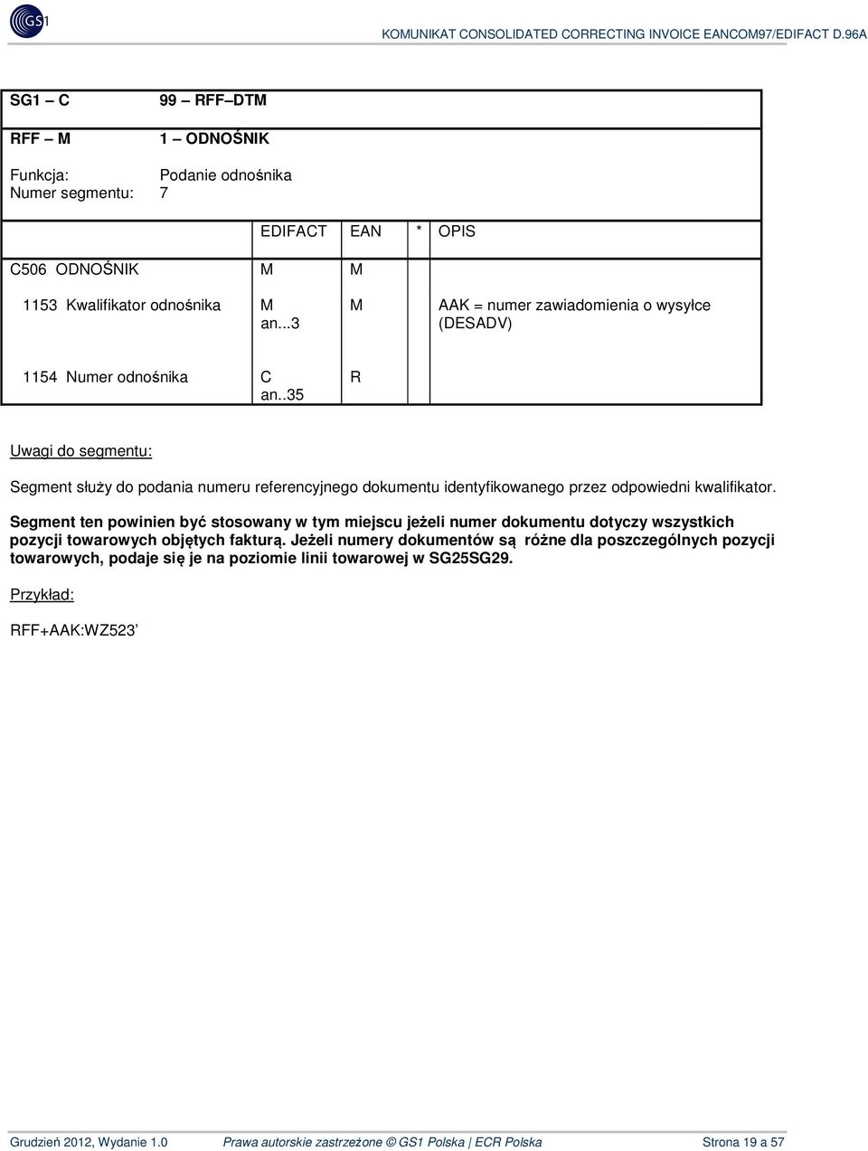 .35 R Segment służy do podania numeru referencyjnego dokumentu identyfikowanego przez odpowiedni kwalifikator.