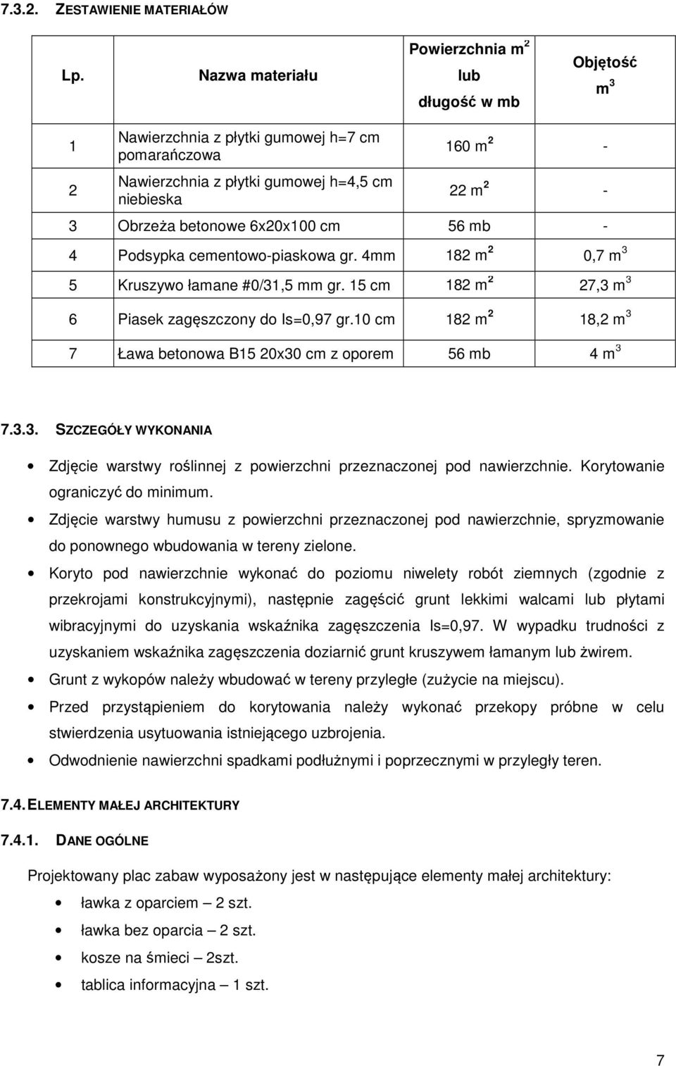 6x20x100 cm 56 mb - 4 Podsypka cementowo-piaskowa gr. 4mm 182 m 2 0,7 m 3 5 Kruszywo łamane #0/31,5 mm gr. 15 cm 182 m 2 27,3 m 3 6 Piasek zagęszczony do Is=0,97 gr.