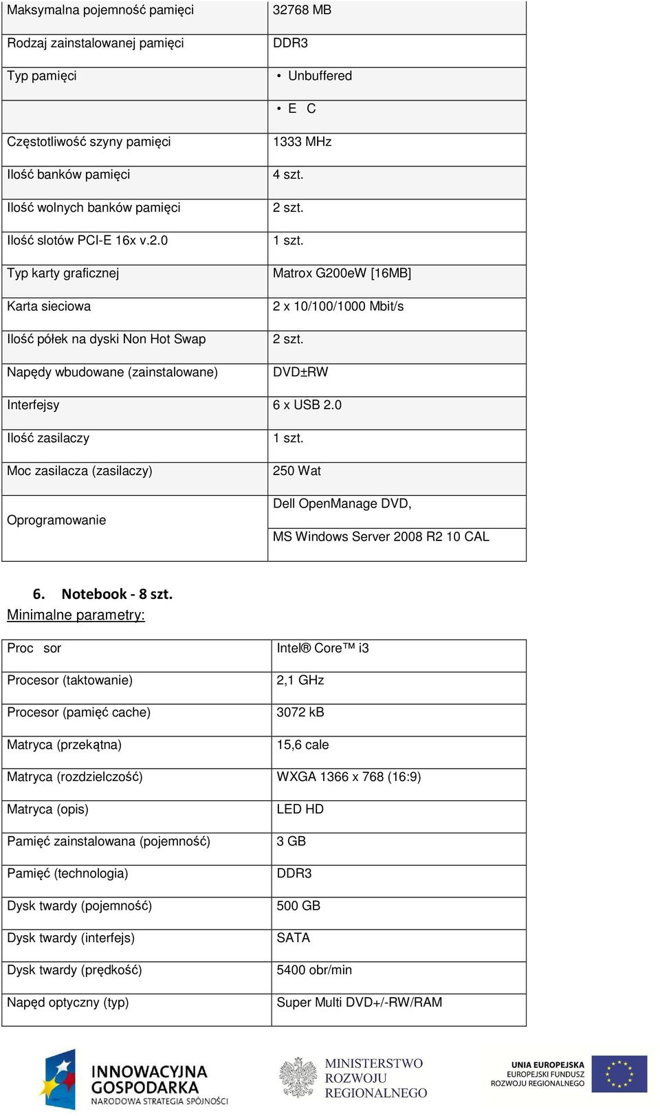 DVD±RW Interfejsy 6 x USB 2.0 Ilość zasilaczy Moc zasilacza (zasilaczy) Oprogramowanie 1 szt. 250 Wat Dell OpenManage DVD, MS Windows Server 2008 R2 10 CAL 6. Notebook - 8 szt.