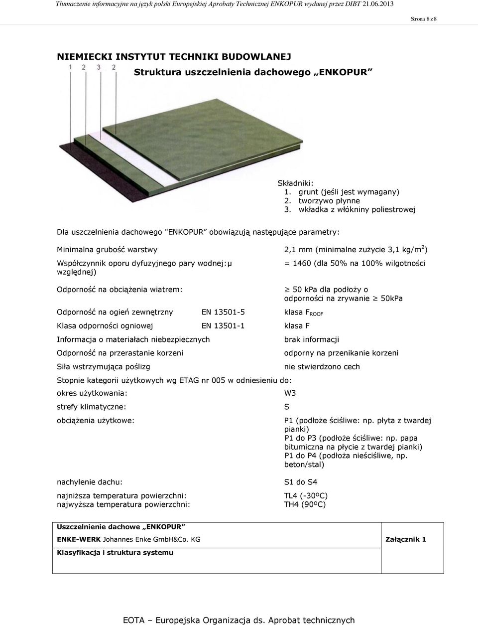 pary wodnej: µ względnej) Odporność na obciążenia wiatrem: = 1460 (dla 50% na 100% wilgotności 50 kpa dla podłoży o odporności na zrywanie 50kPa Odporność na ogień zewnętrzny EN 13501-5 klasa F ROOF
